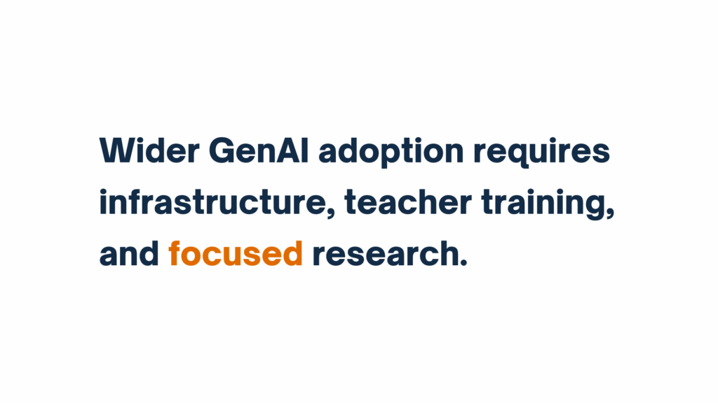 Quote reading “Wider GenAI adoption requires infrastructure, teacher training, and focused research,” with the word "focused" highlighted in orange.