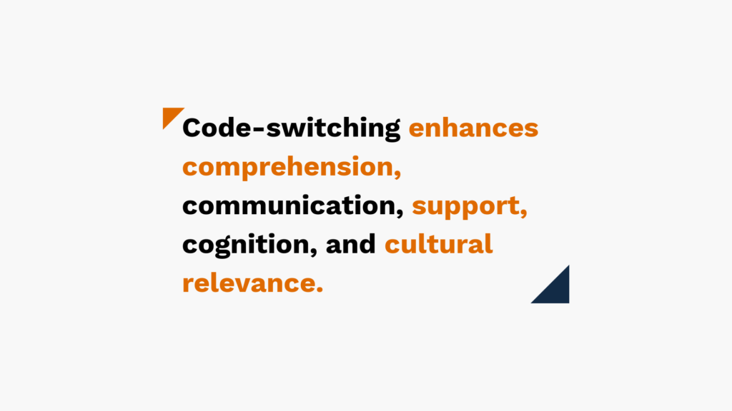 Code-switching enhances comprehension, communication, support, cognition, and cultural relevance" is displayed prominently with "comprehension," "support," and "cultural relevance" highlighted in orange, emphasizing these benefits of code-switching. The background is white with small triangular decorative elements in orange and blue.