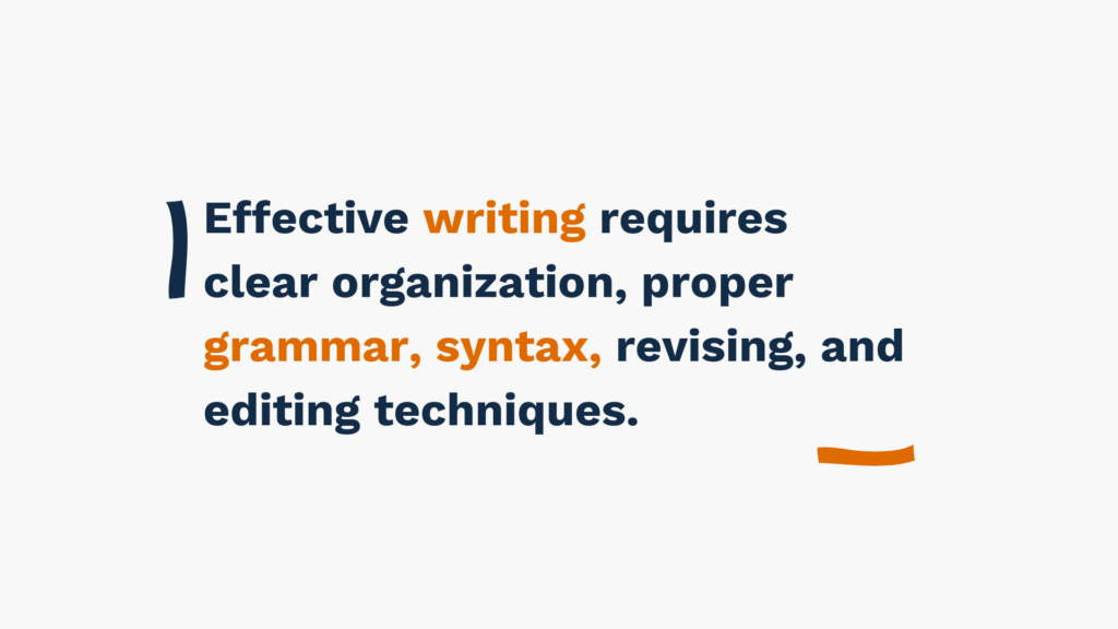 Effective writing requires clear organization, proper grammar, syntax, revising, and editing techniques