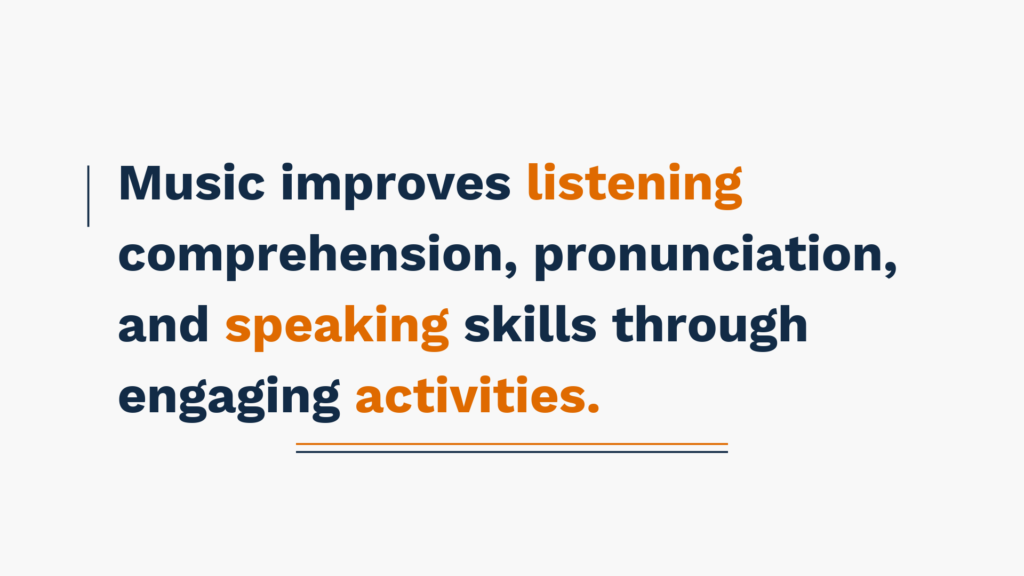 Music improves listening comprehension, pronunciation, and speaking skills through engaging activities.