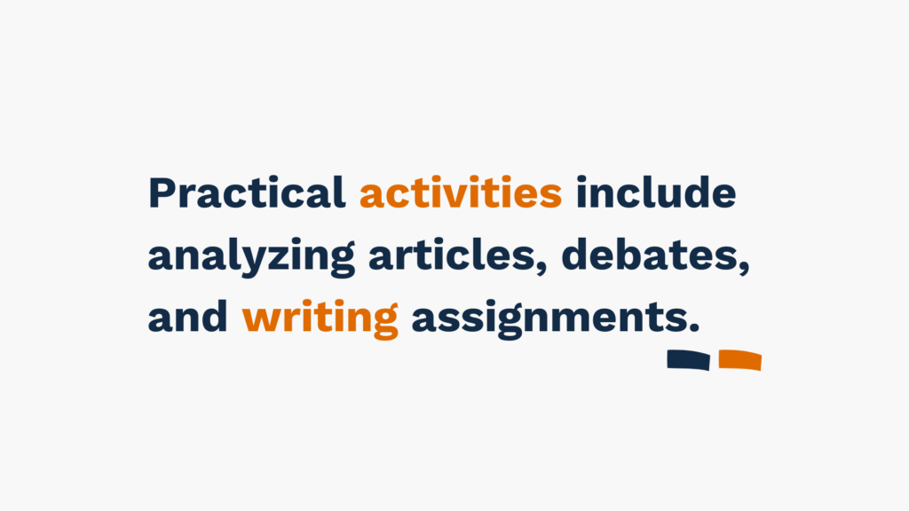 "Text: Practical activities include analyzing articles, debates, and writing assignments. Background: White with small orange and navy graphic at bottom right."