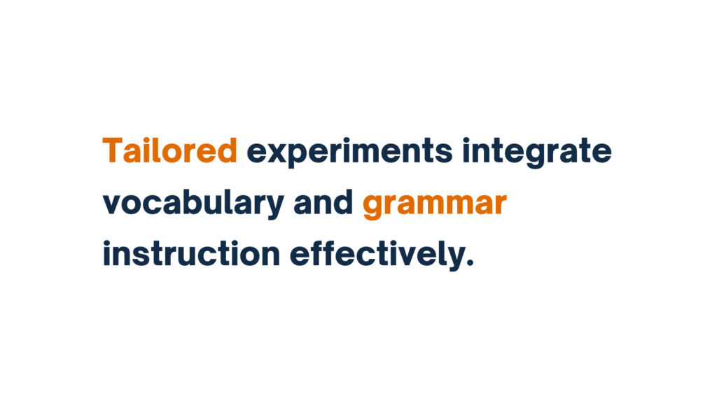 "Text slide stating 'Tailored experiments integrate vocabulary and grammar instruction effectively,' with key terms highlighted in orange."