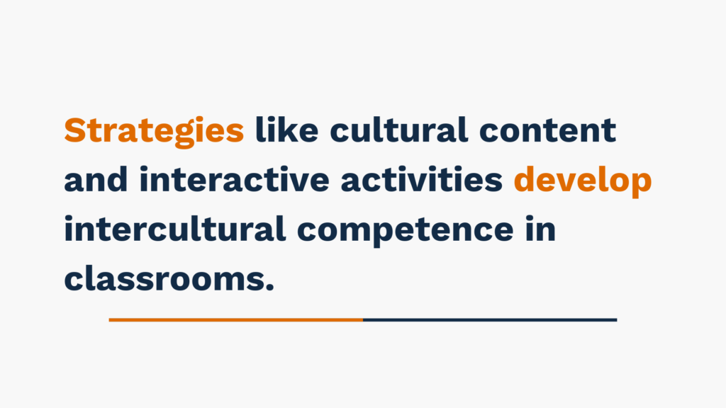 Strategies like cultural content and interactive activities develop intercultural competence in classrooms.