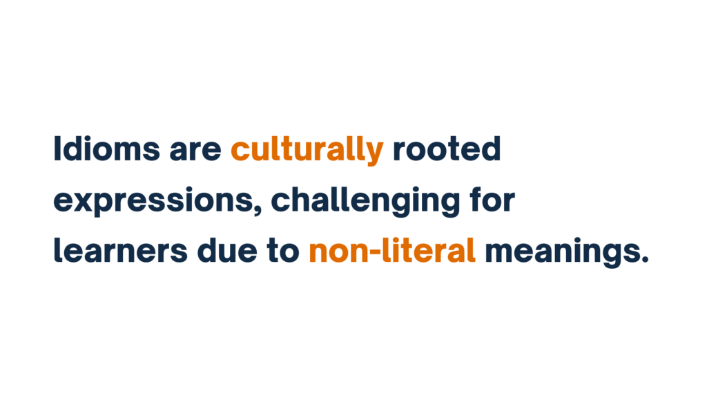 "Slide stating 'Idioms are culturally rooted expressions, challenging for learners due to non-literal meanings,' with the words 'culturally' and 'non-literal' highlighted in orange."