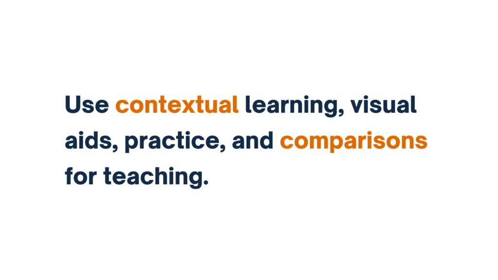 "Text stating 'Use contextual learning, visual aids, practice, and comparisons for teaching,' with 'contextual' and 'comparisons' highlighted in orange."