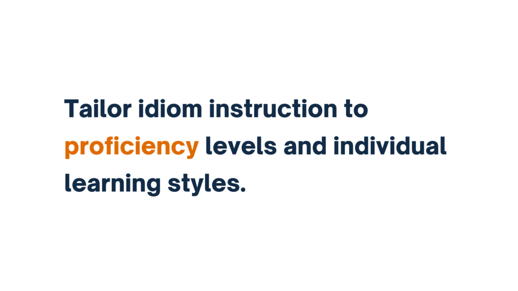 "Slide advising 'Tailor idiom instruction to proficiency levels and individual learning styles,' with the word 'proficiency' highlighted in orange."