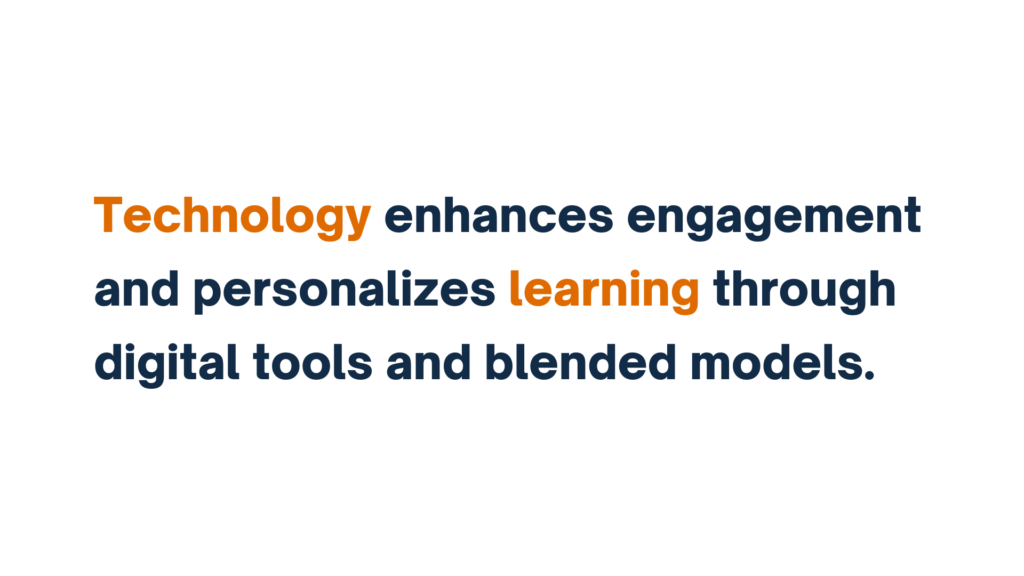 "Text stating 'Technology enhances engagement and personalizes learning through digital tools and blended models,' with the words 'Technology' and 'learning' highlighted in orange."