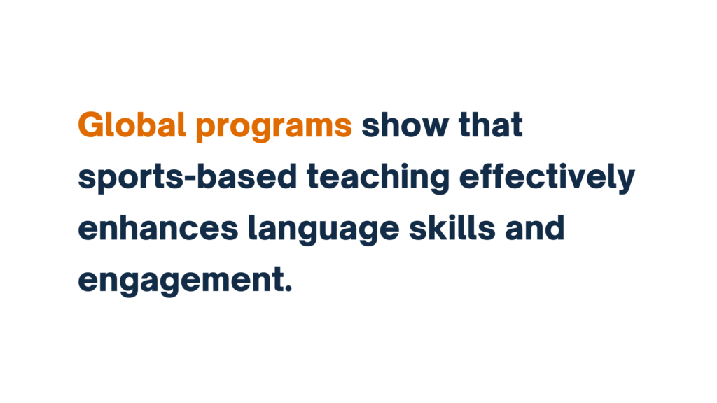 "Text reading 'Global programs show that sports-based teaching effectively enhances language skills and engagement.' The words 'Global programs' are highlighted in orange."