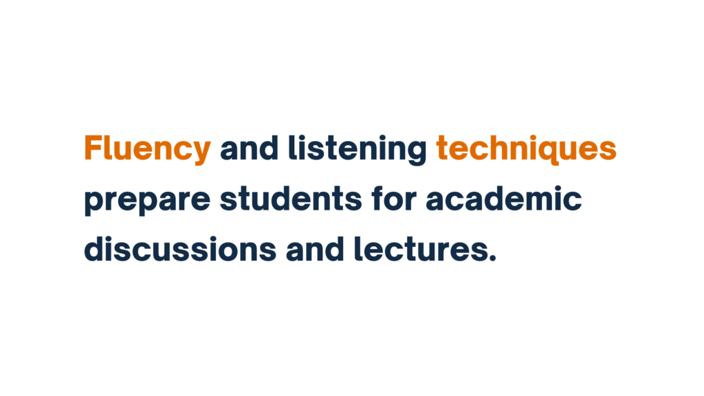 "Fluency and listening techniques prepare students for academic discussions and lectures."