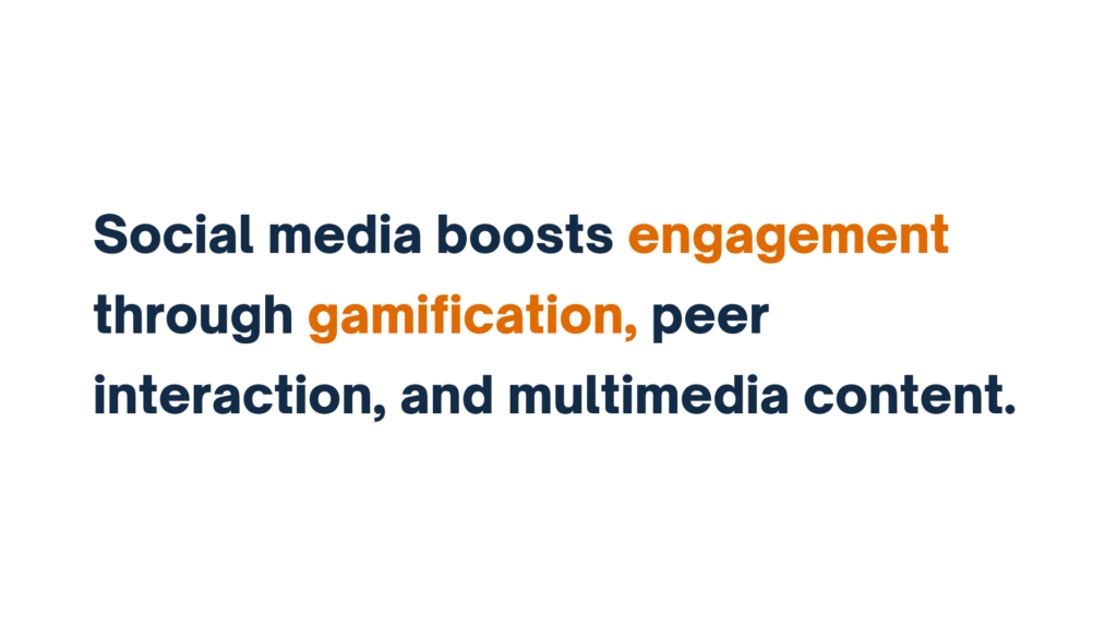 "Text reading 'Social media boosts engagement through gamification, peer interaction, and multimedia content' with 'engagement' and 'gamification' highlighted in orange."